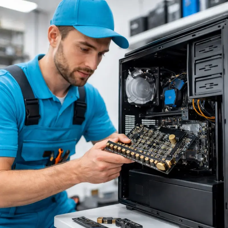 Мастер устанавливает звуковую карту на ПК в Ялте